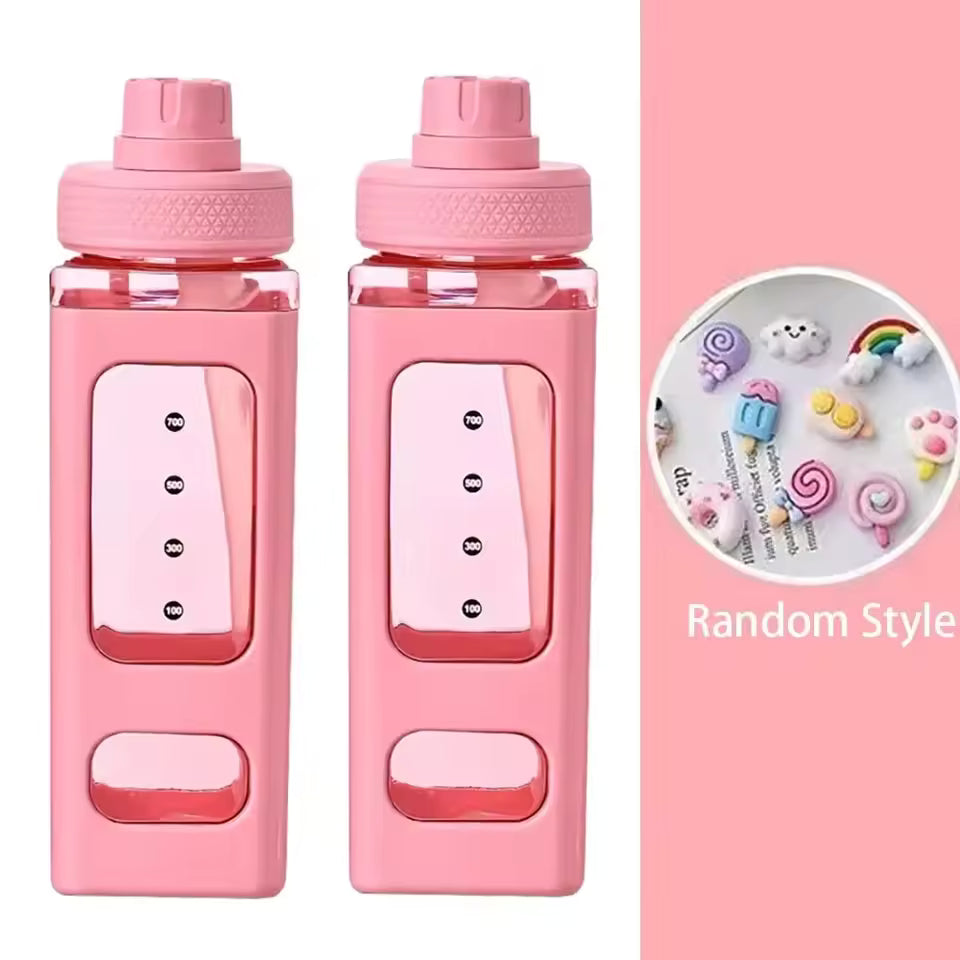 Kawaii Water Bottle with Straw - 3D Cute Bear BPA-Free Square Sippy Cup 700ml