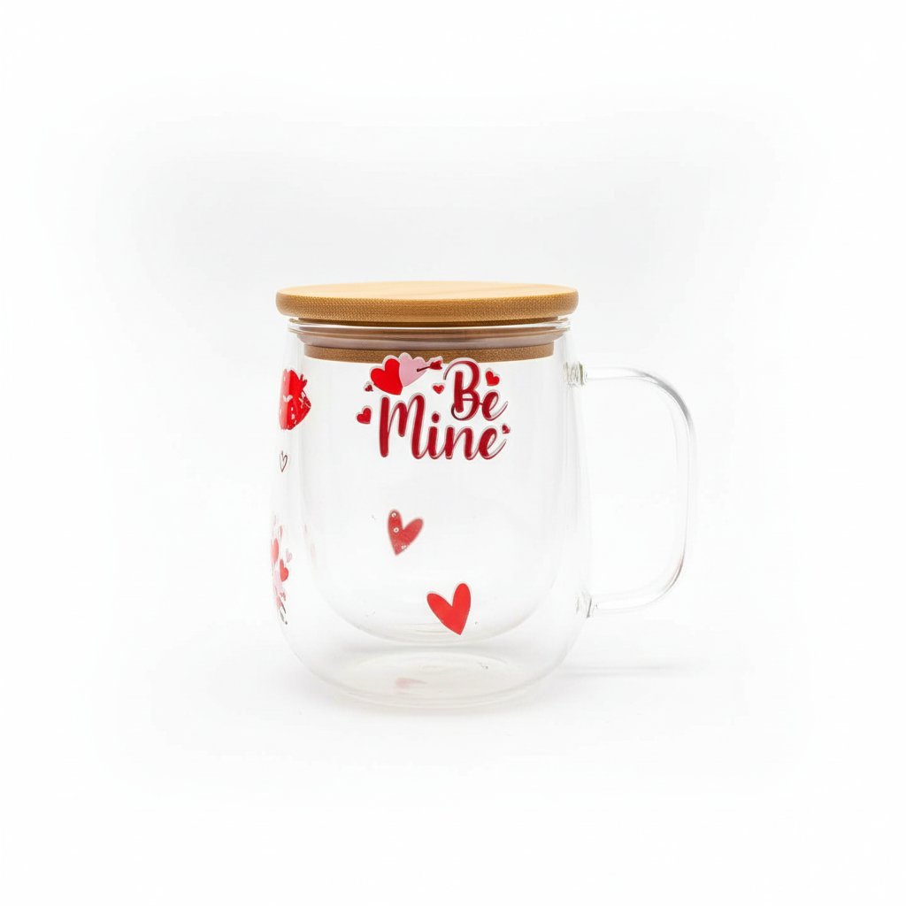 YOLELUX Love Mug 350ml - Be Mine Hearts with Wooden Lid & Spoon