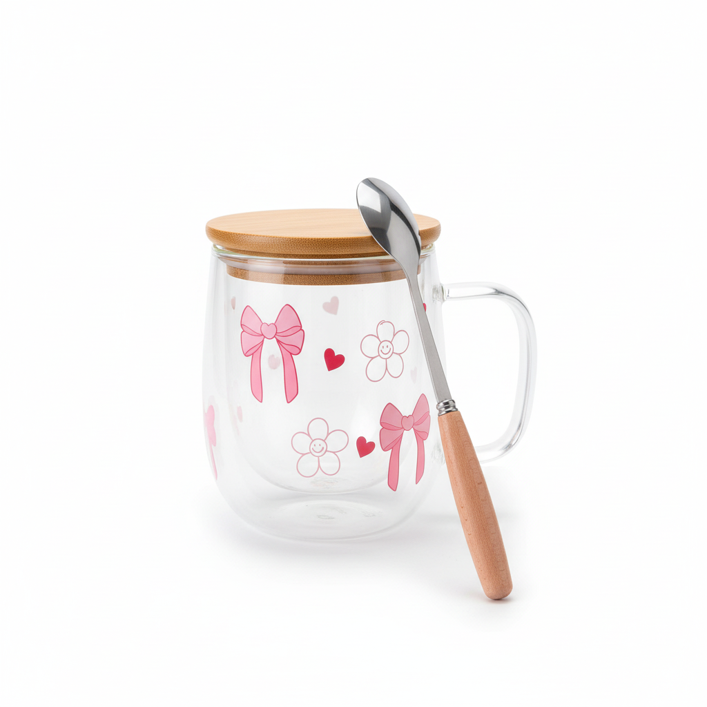 YOLELUX Love Mug 350ml - Bows & Hearts with Lid & Spoon