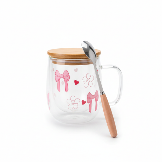 YOLELUX Love Mug 350ml - Bows & Hearts with Lid & Spoon