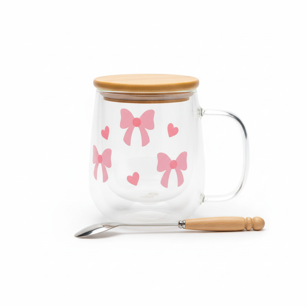 YOLELUX Love Mug 350ml - Bows & Hearts with Lid & Spoon
