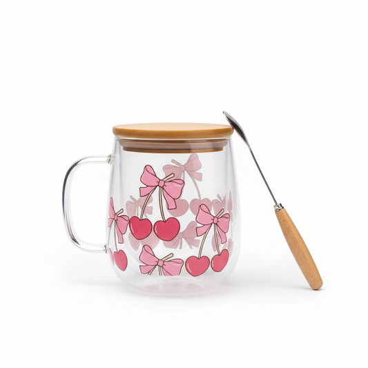 YOLELUX Love Mug 350ml - Cherries & Bows with Lid & Spoon
